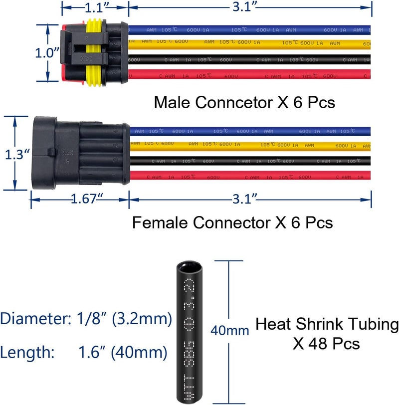 Twippo 6 Kit 16 AWG 4 Pin Connector Car Waterproof Wire Connectors 4 Pin Automotive Electrical Connectors Quick Disconnect 4 Way Wire Terminal Connector Plug and Heat Shrink Tubing Kit - Image 3